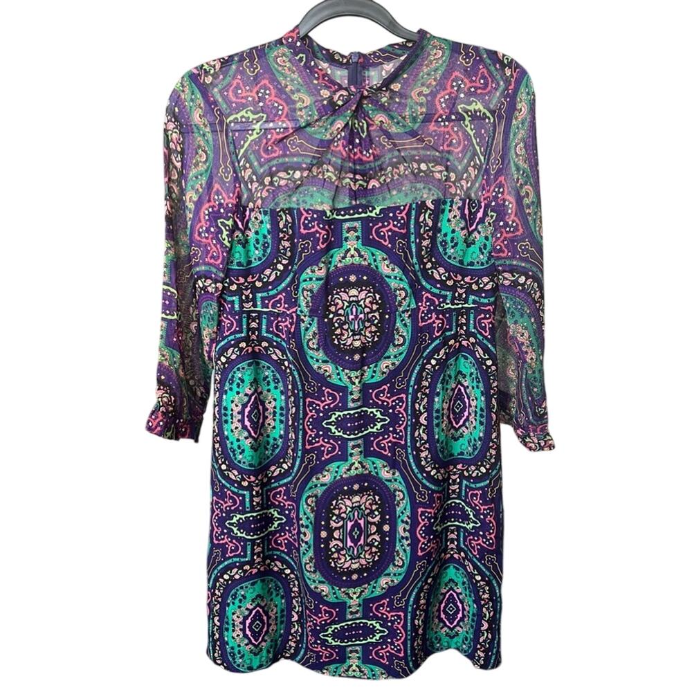 Nanette Lepore Multicolor Boho Print Shift Dress 3/4 Sleeves Mini - 4